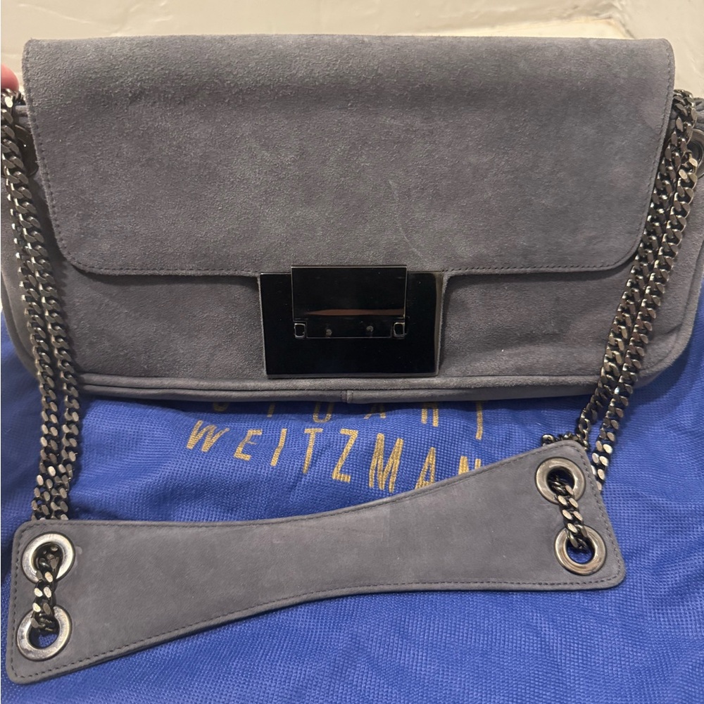 Stuart Weitzman Gray Suede Chain Strap Shoulder Bag Y2K Gunmetal Hardware